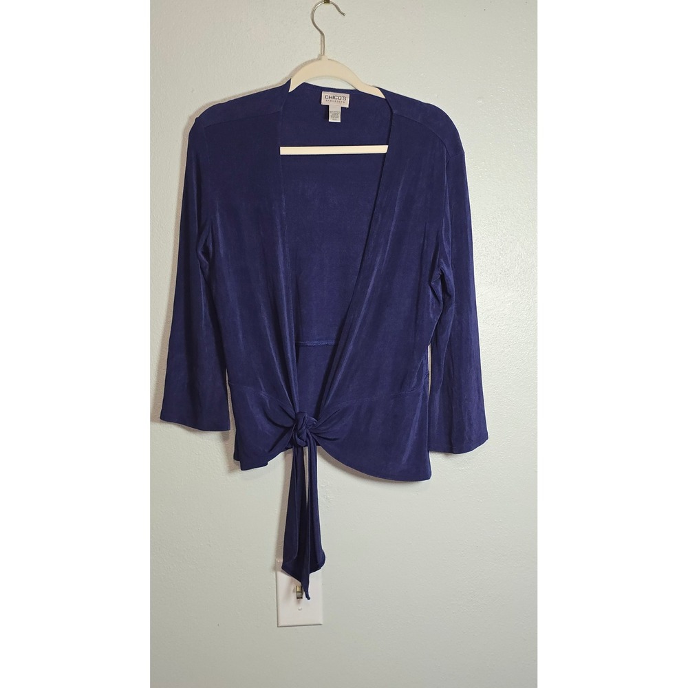 Chicos Travelers Purple Tie Front Cardigan Jacket Size 1 Medium Slinky Knit